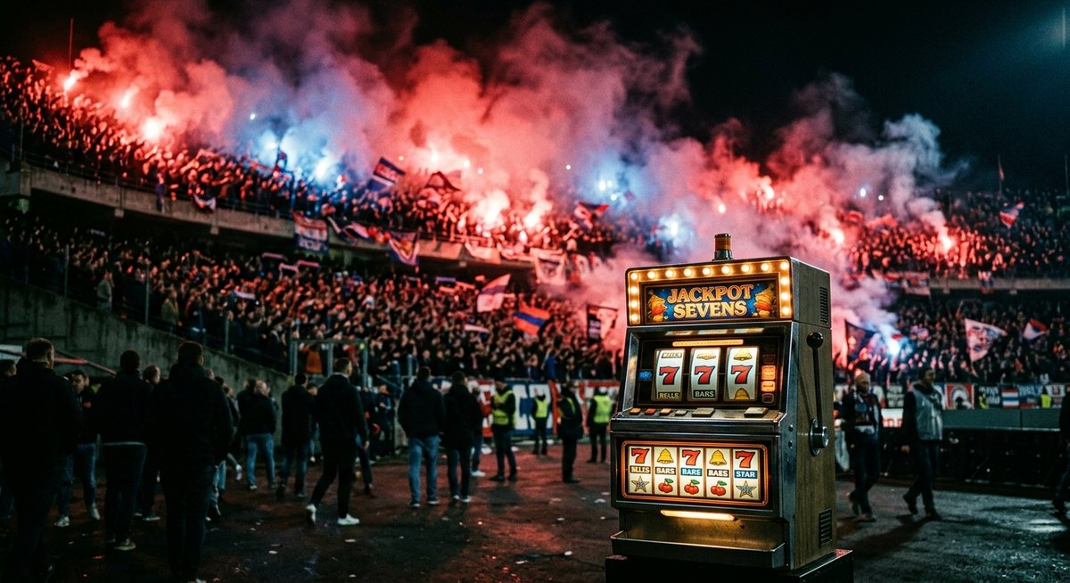 Suasana malam derbi dengan dua suporter bersyal warna berbeda di depan kabinet slot menyala bergulungan simbol tujuh