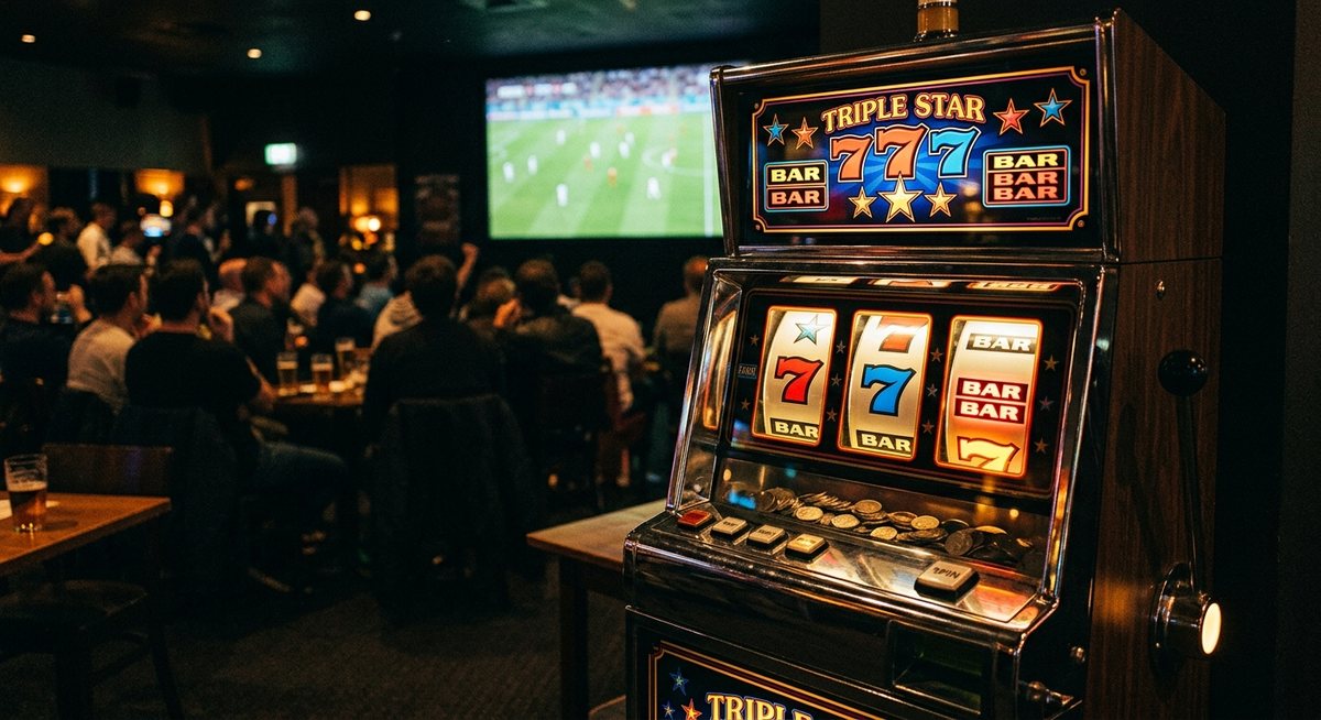 Kabinet slot klasik dengan gulungan simbol BAR dan tujuh berkilau di ruang tonton yang temaram penuh penonton