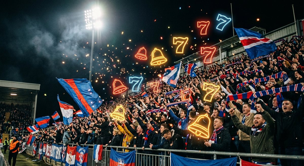 Kerumunan suporter di tribune malam dengan bendera dan syal melambai di bawah lampu stadion dan sorot neon