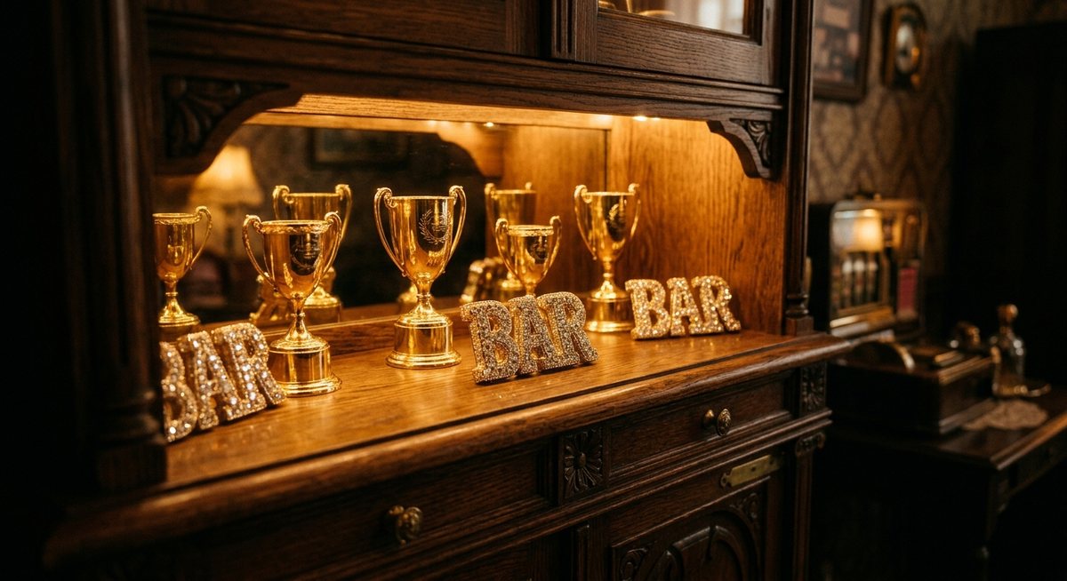 Rak vitrin berlampu hangat menampilkan piala kecil dan simbol BAR berlian pada kabinet slot bergaya kayu